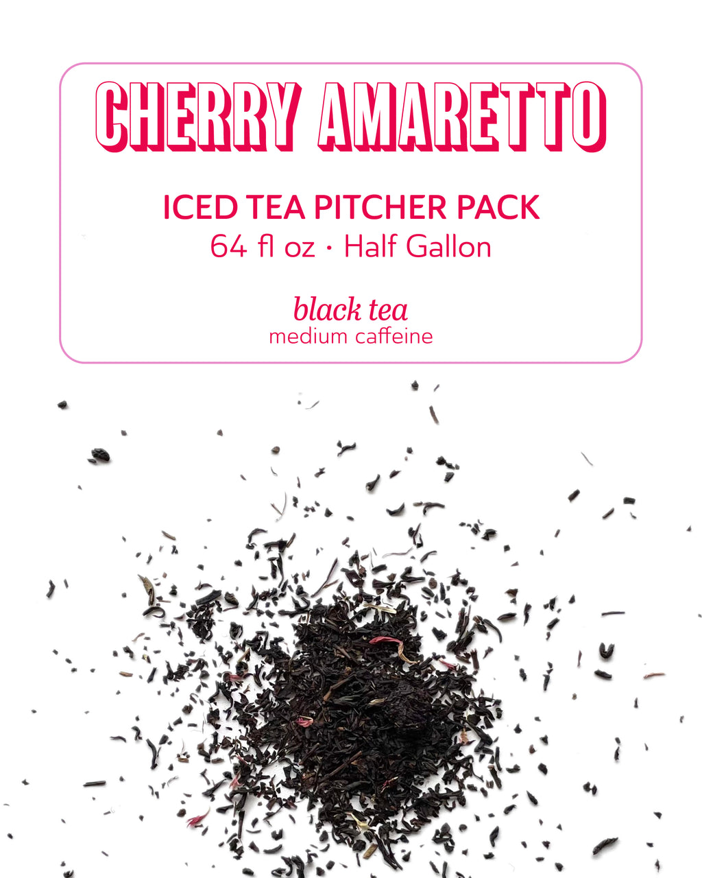 Cherry Amaretto iced tea pitcher pack with black tea leaves on a white background