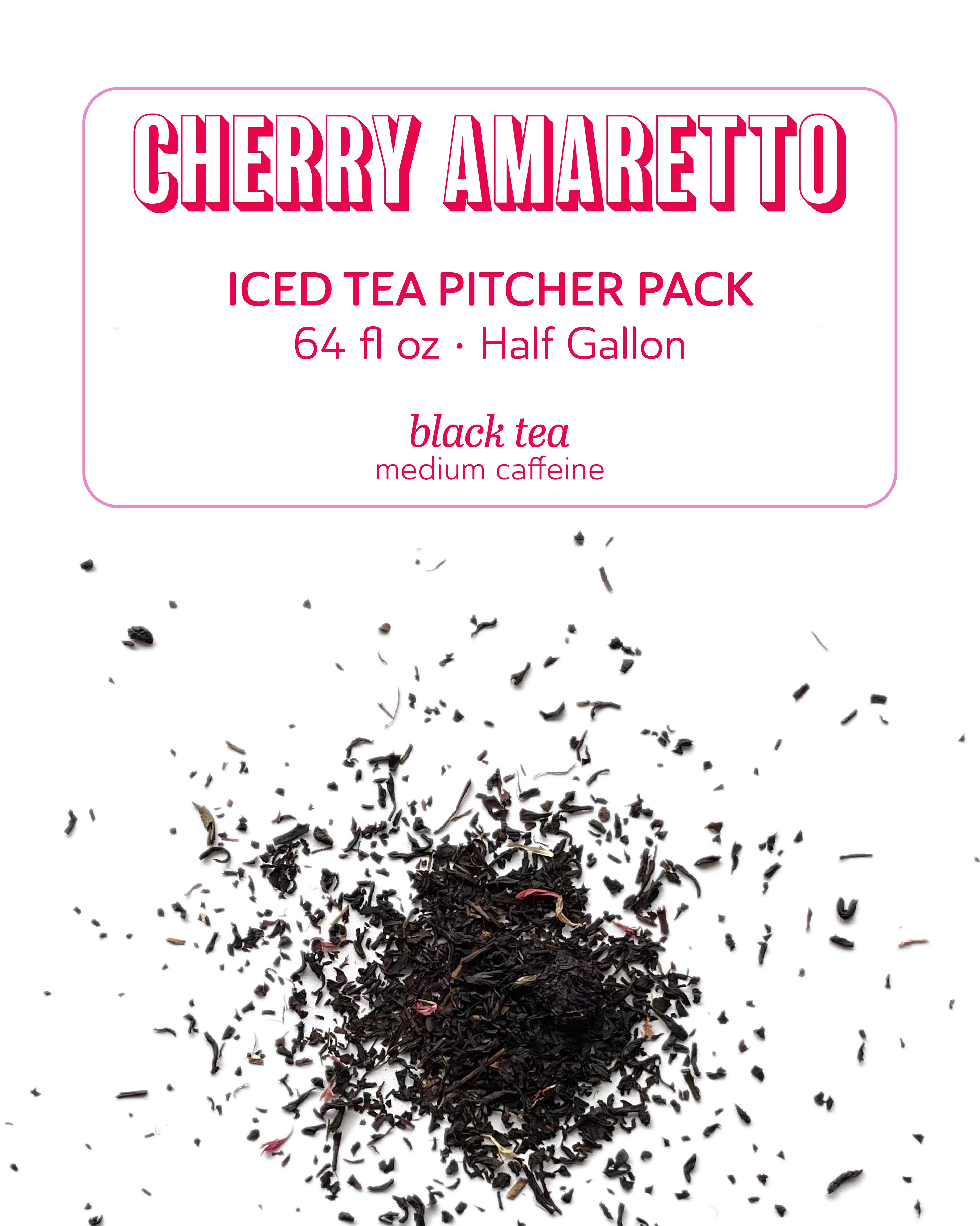 Cherry Amaretto iced tea pitcher pack with black tea leaves on a white background