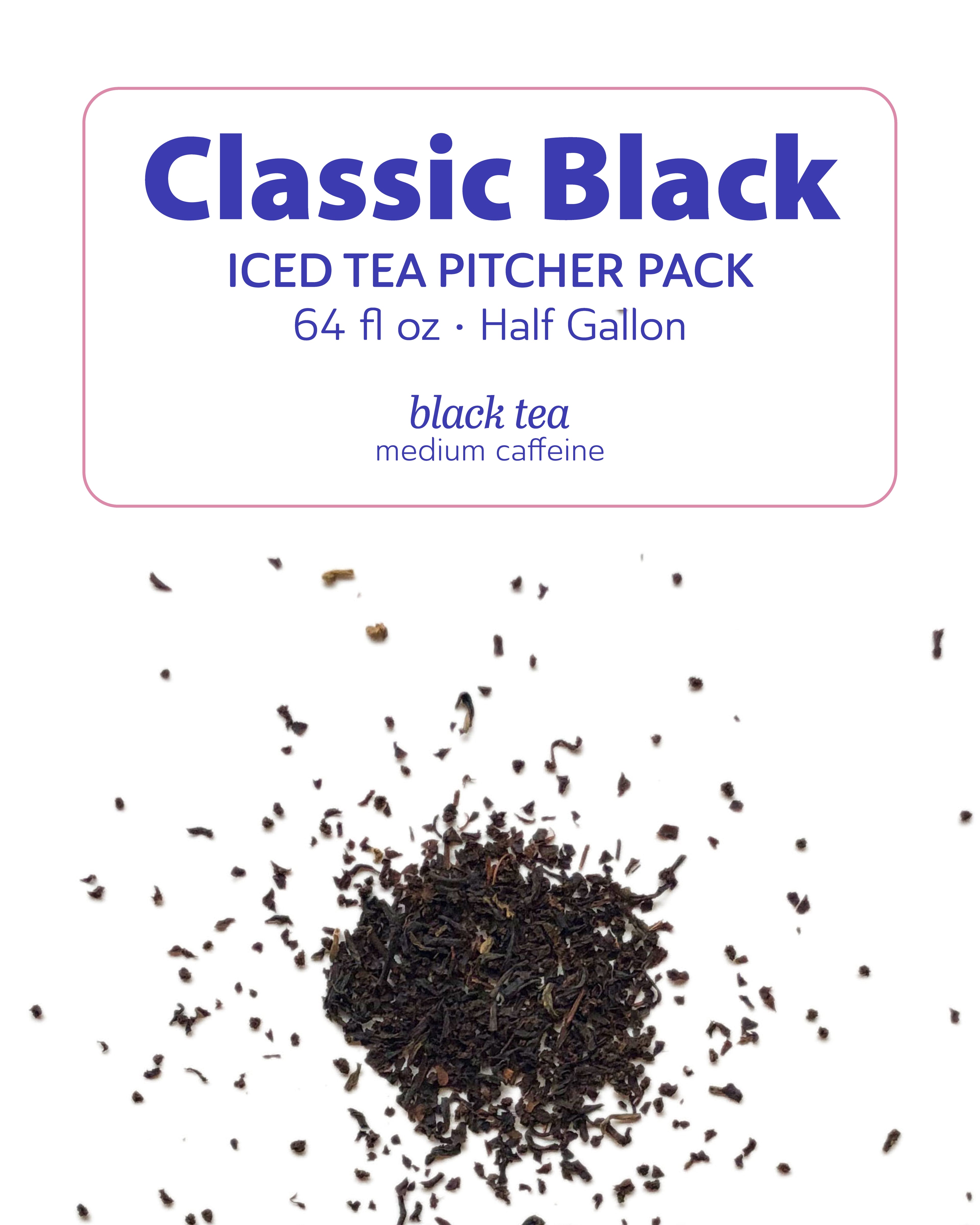 Classic Black iced tea pitcher pack with dried tea leaves on a white background