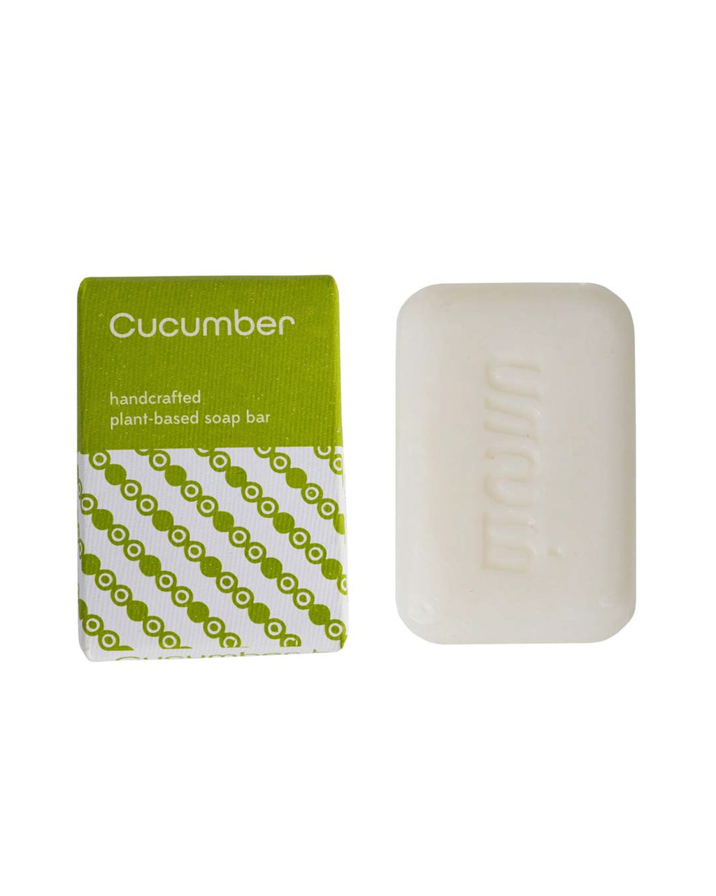 Handcrafted cucumber soap bar with packaging on a white background