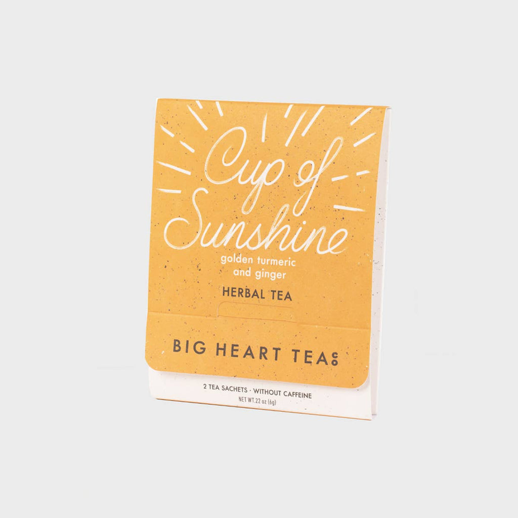 Tea package labeled 'Cup of Sunshine' by Big Heart Tea on a white background