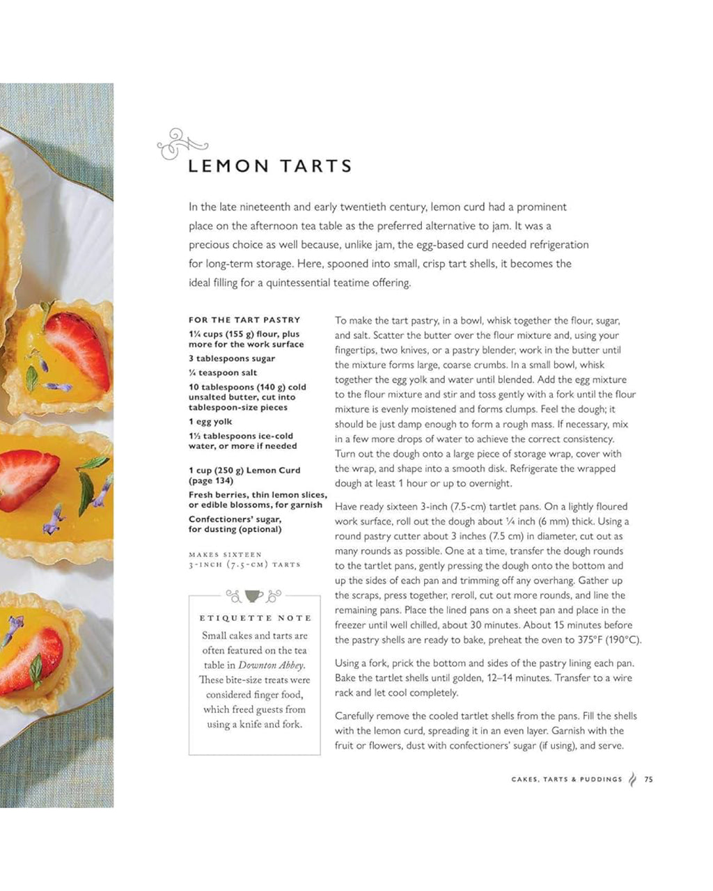 Page from a cookbook featuring lemon tarts with text on a white background