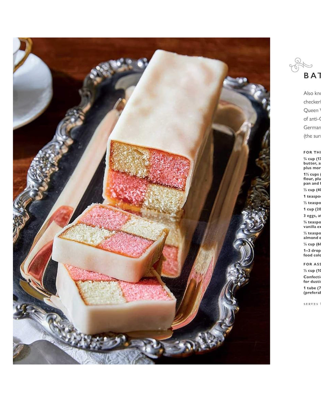Checkered Battenburg cake on a decorative tray