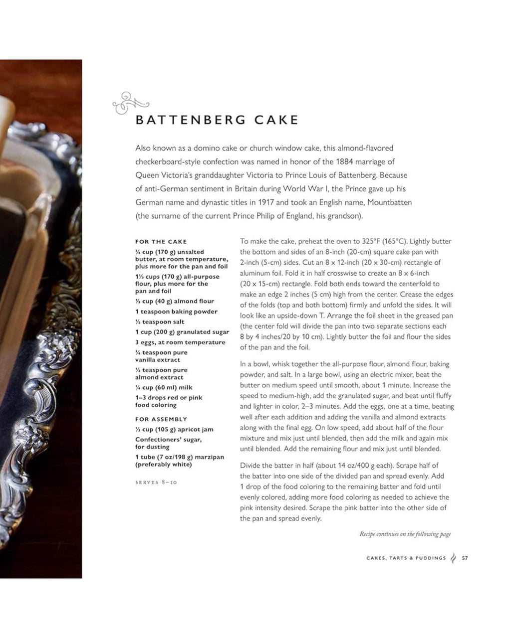 Battenberg cake recipe with a close-up of a decorated cake on the left.