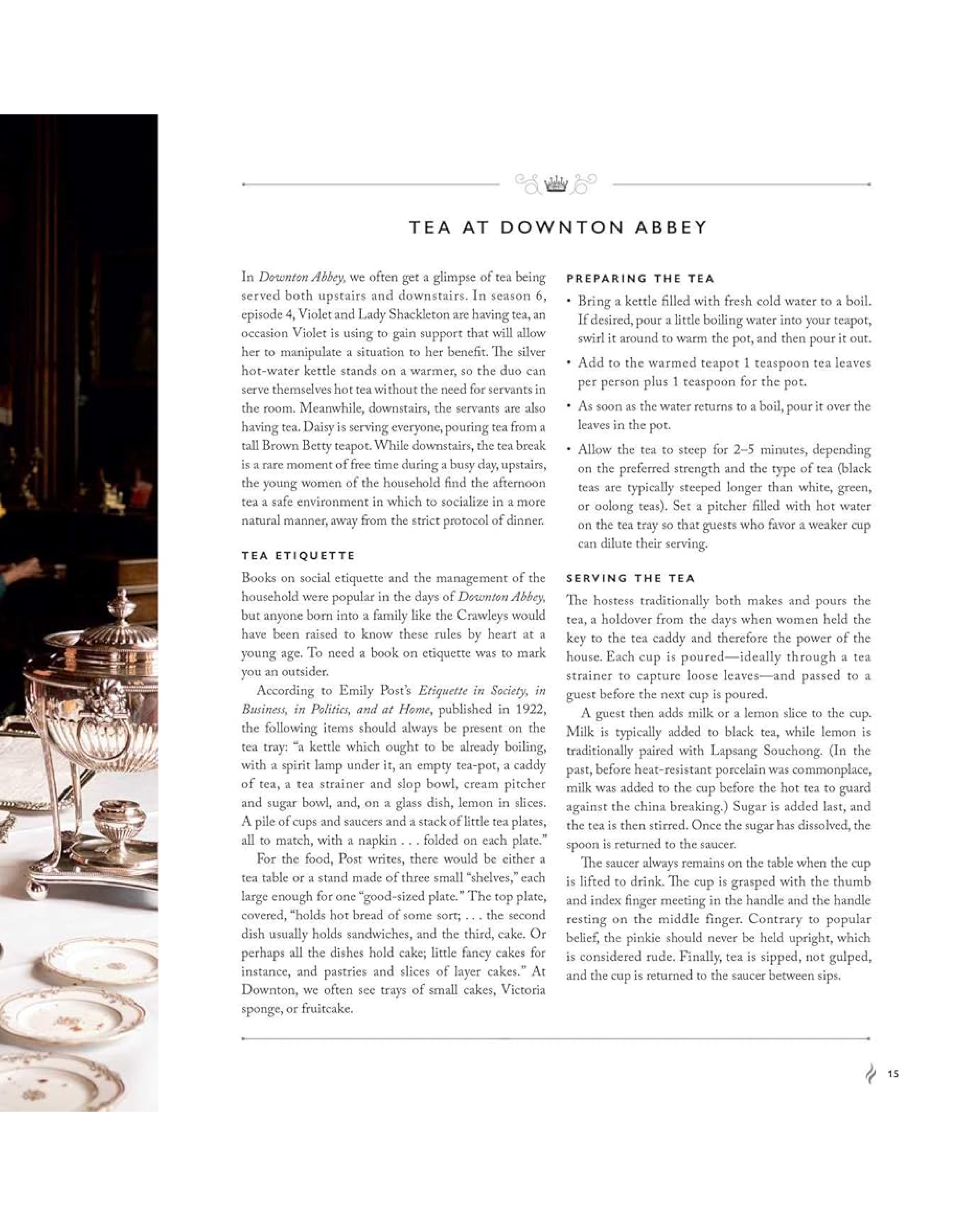 Tea at Downton Abbey with text on tea etiquette and preparation.