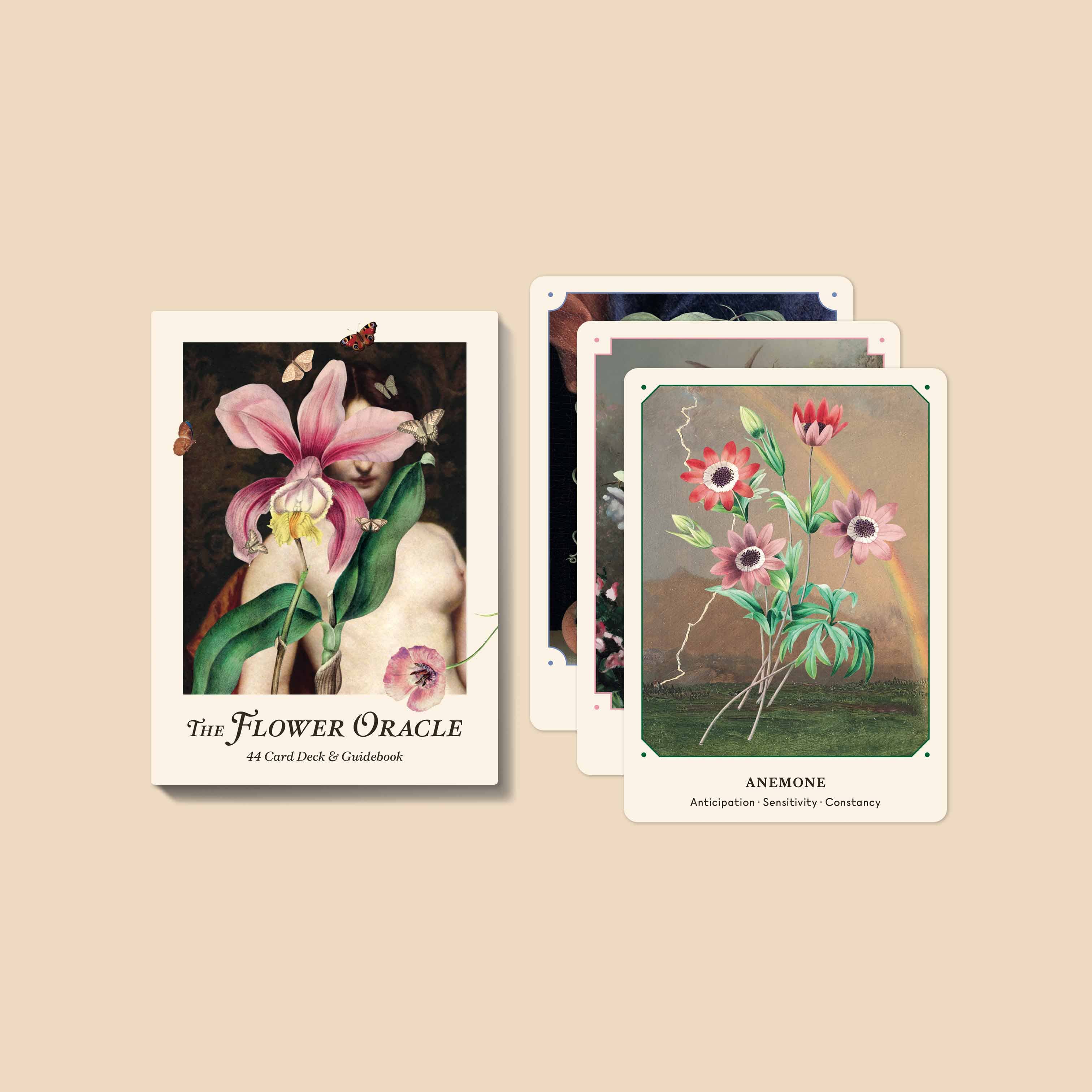 Flower Oracle card set with illustrations of flowers and butterflies on a beige background