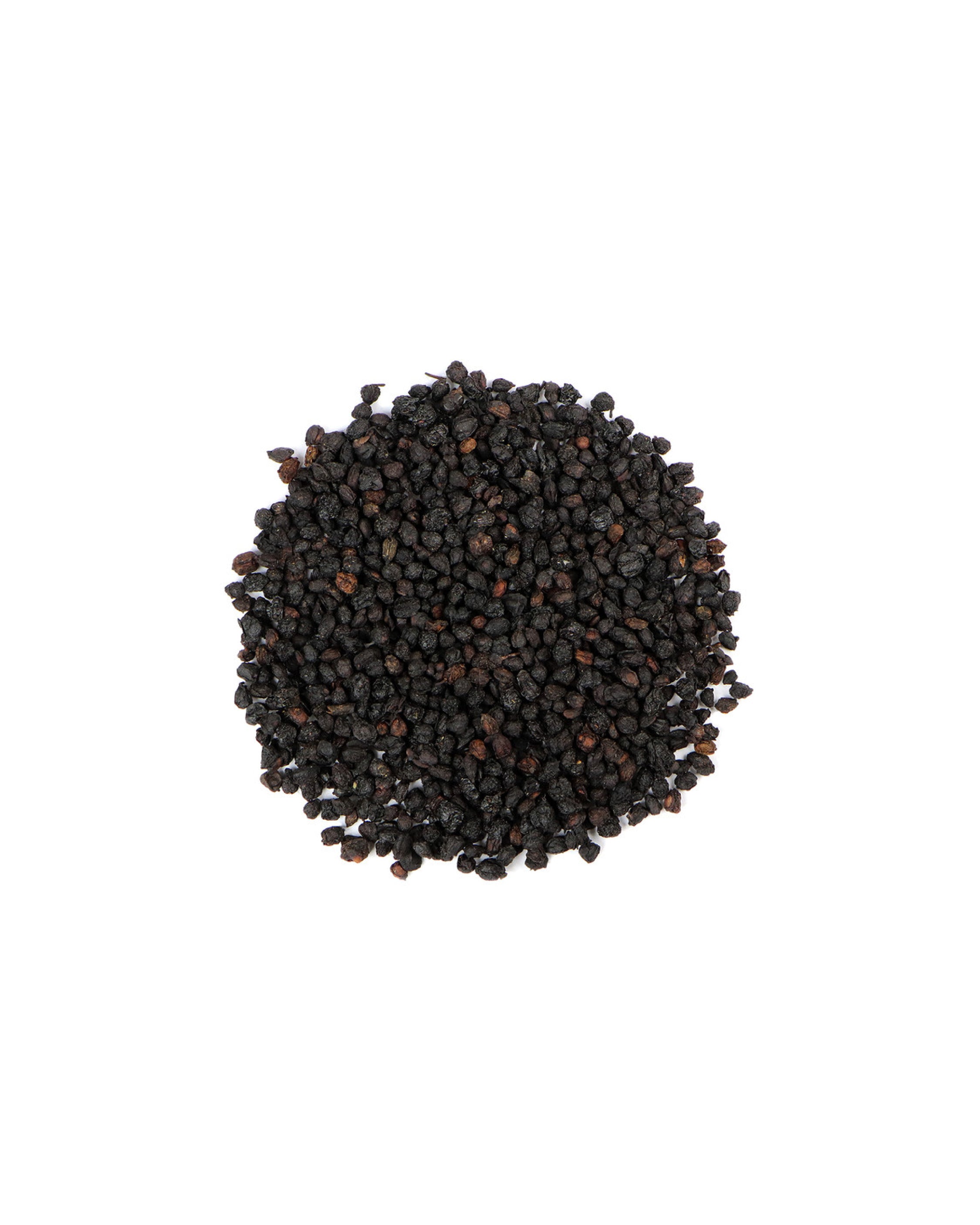 Pile of dried elderberries on a white background