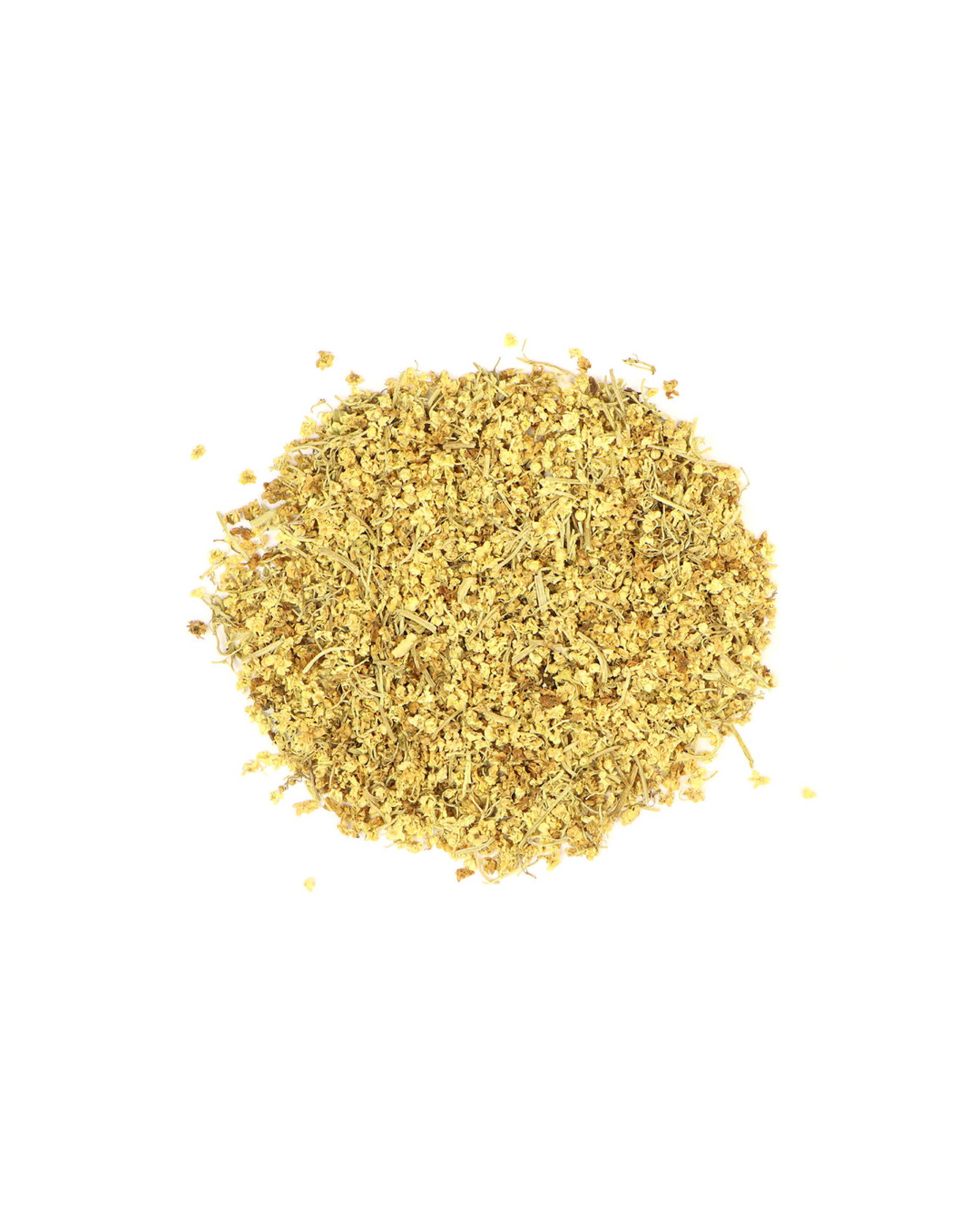 Pile of dried elderflowers on a white background