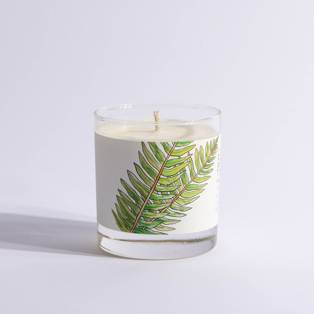 Candle in a glass jar with a fern leaf design on a light gray background