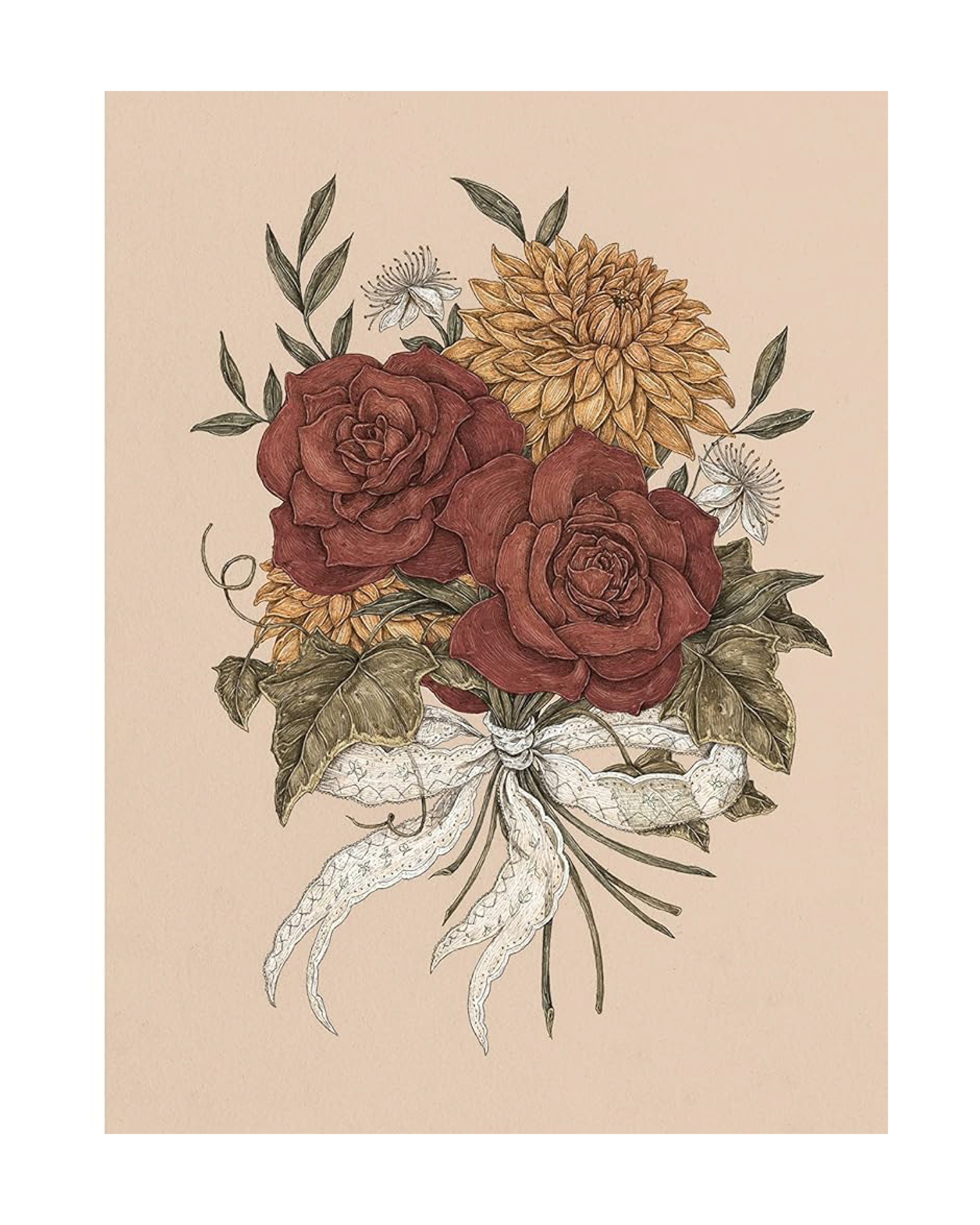 Floral arrangement with red roses, yellow flowers, and green leaves on a beige background