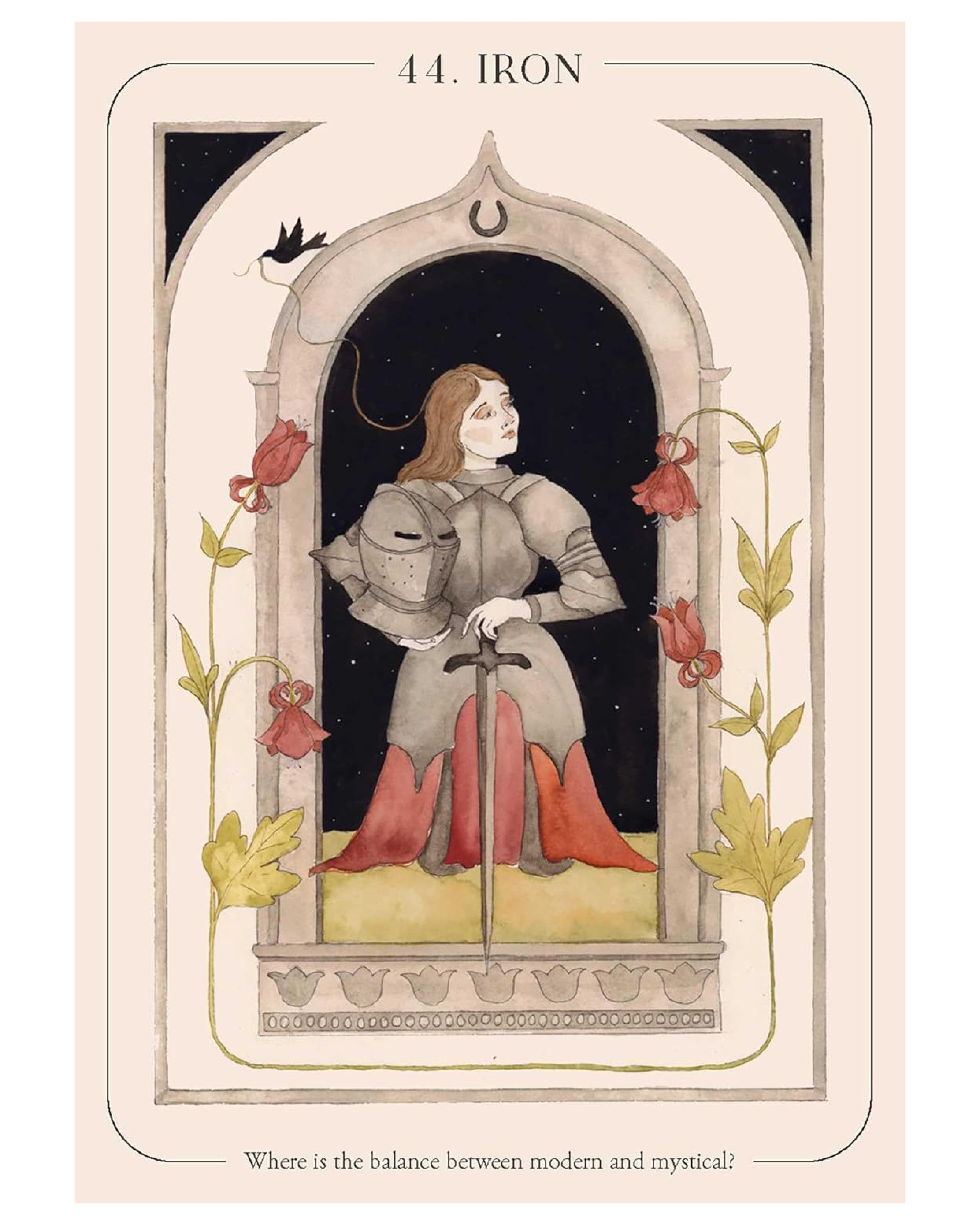 Illustration of a woman knight in armor with flowers and 'Iron' on a card.