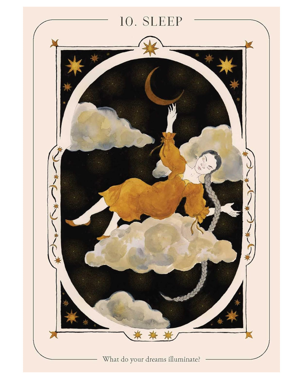 Illustration of a woman on clouds with stars and moon, labeled 'Sleep'.