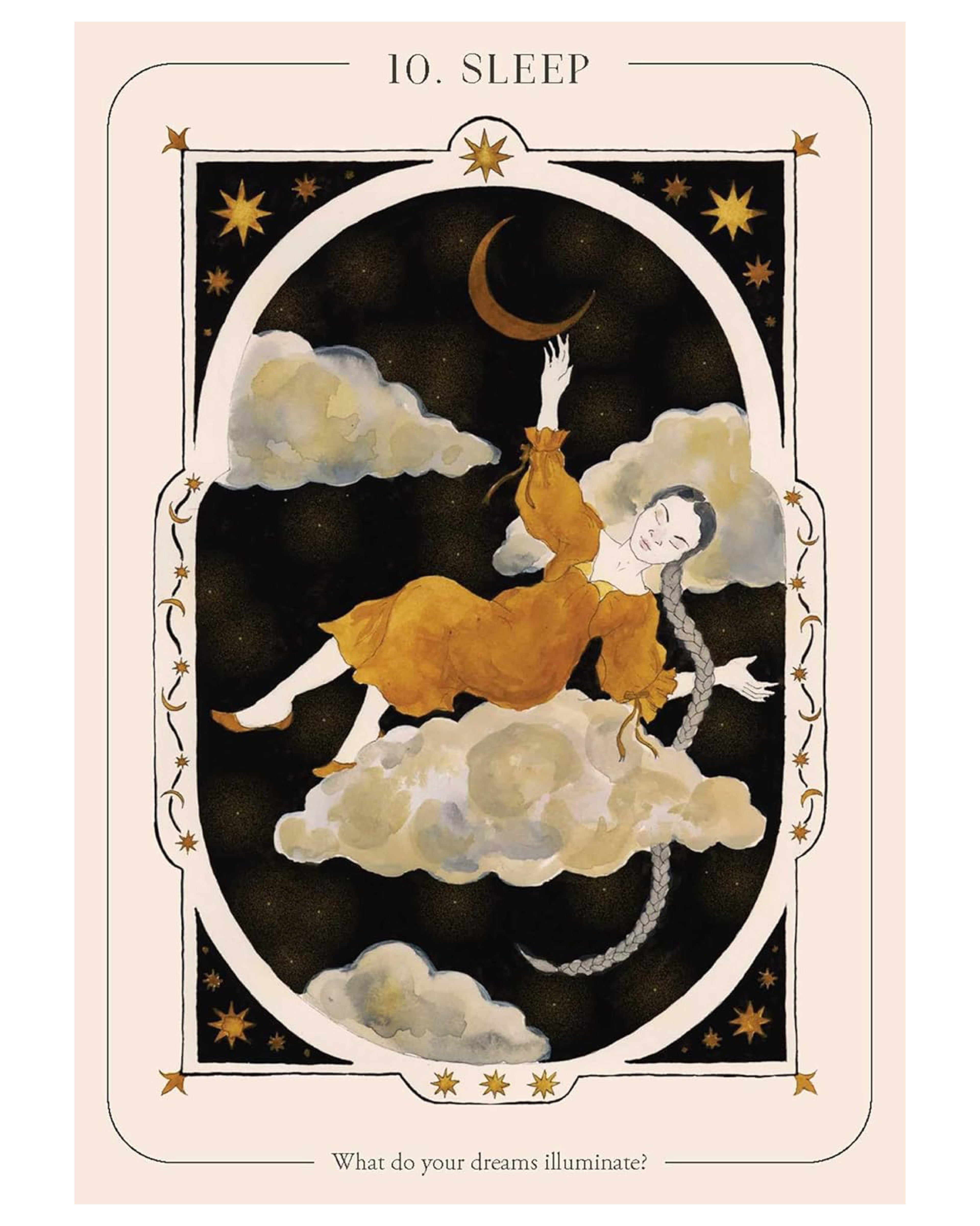 Illustration of a woman on clouds with stars and moon, labeled 'Sleep'.