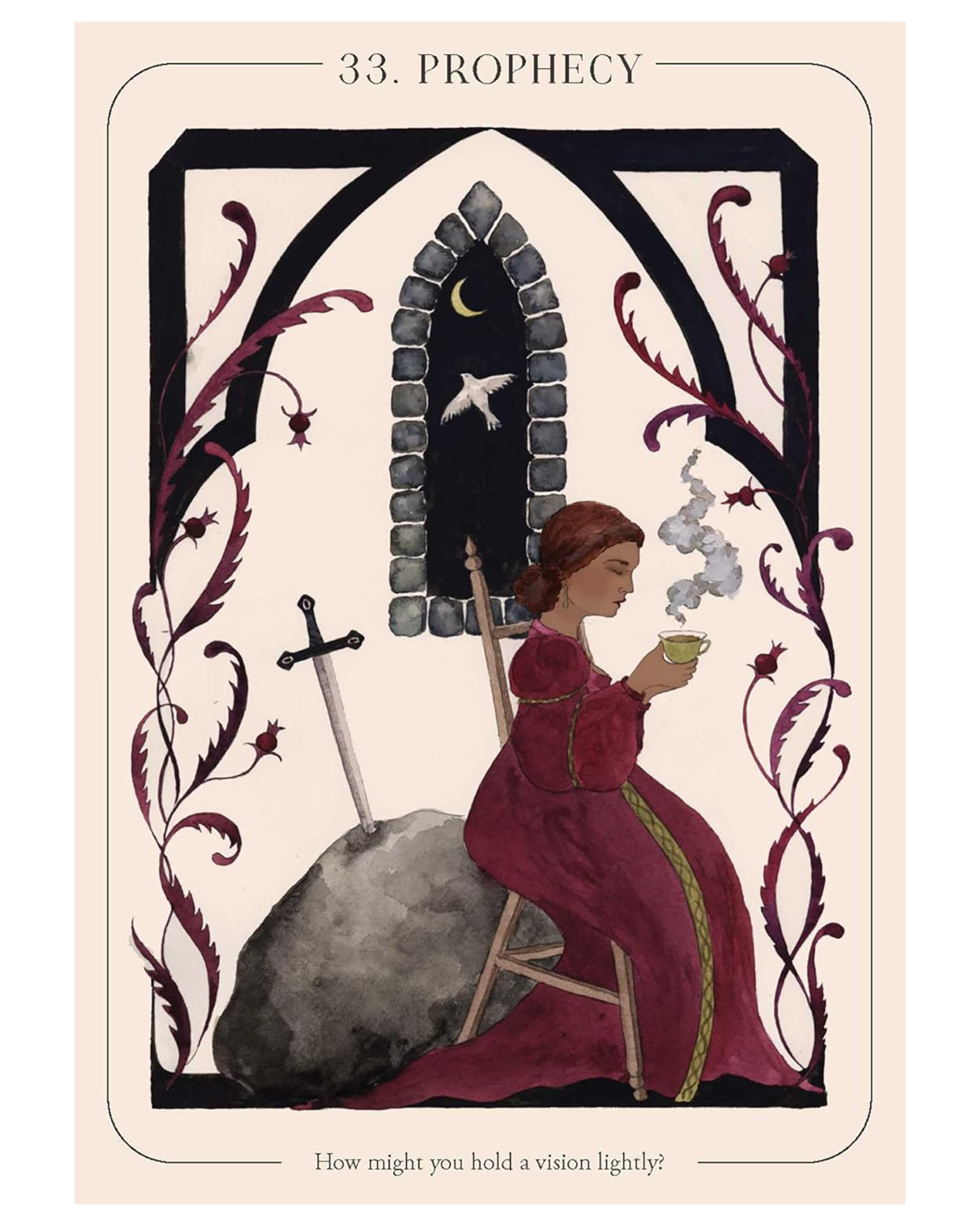 Tarot card titled 'Prophecy' featuring a woman in a red dress holding a cup, with decorative elements and text.