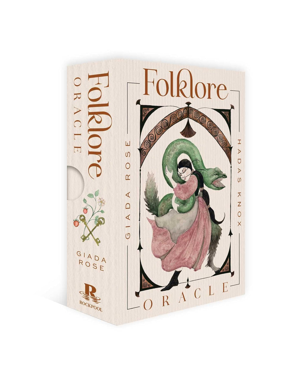 Folklore Oracle card box with illustration of a woman and green snake on a white background
