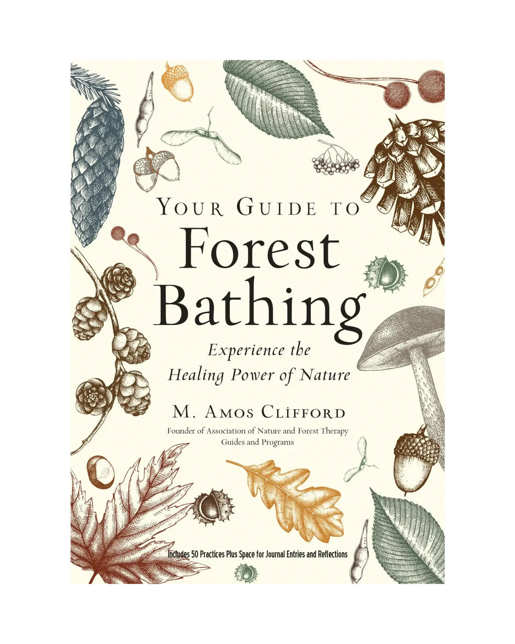 Book cover of 'Your Guide to Forest Bathing' with nature-themed illustrations on a beige background.