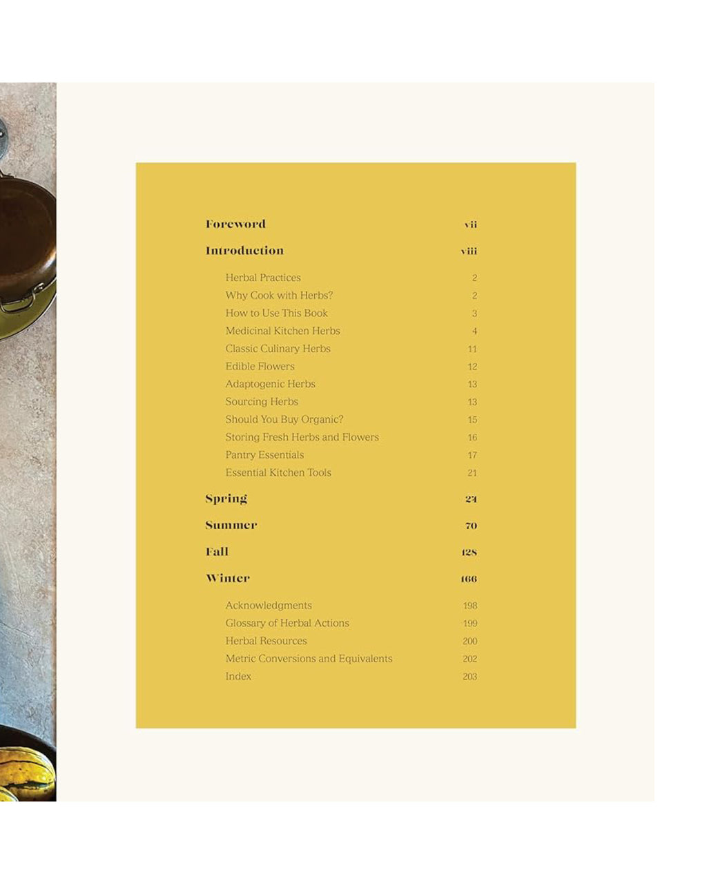 Table of contents page with a yellow background and black text
