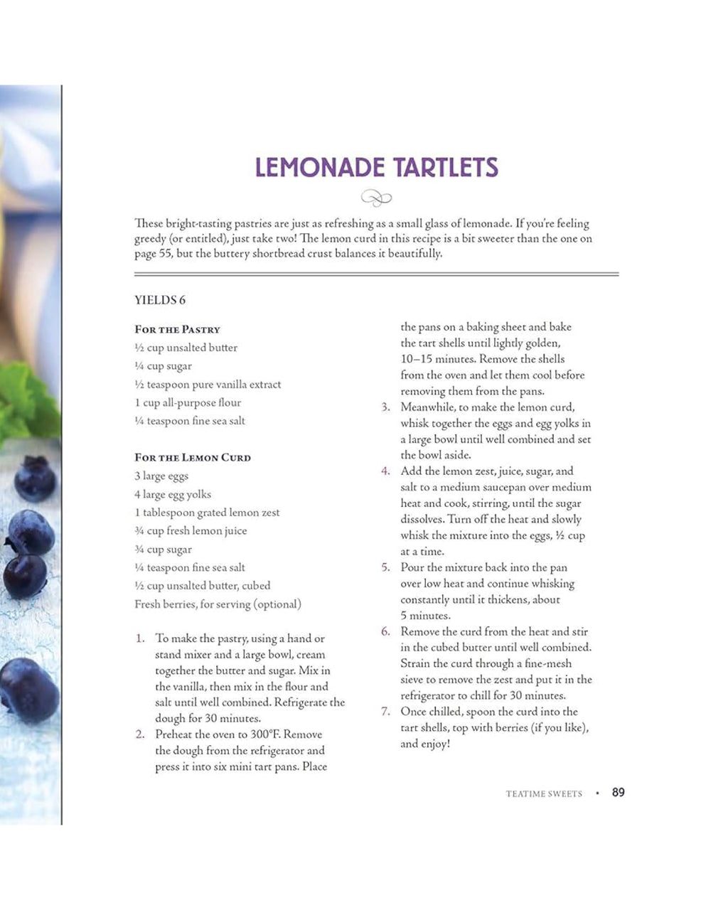 Recipe page for lemonade tartlets with text and a small image of tartlets on the left.