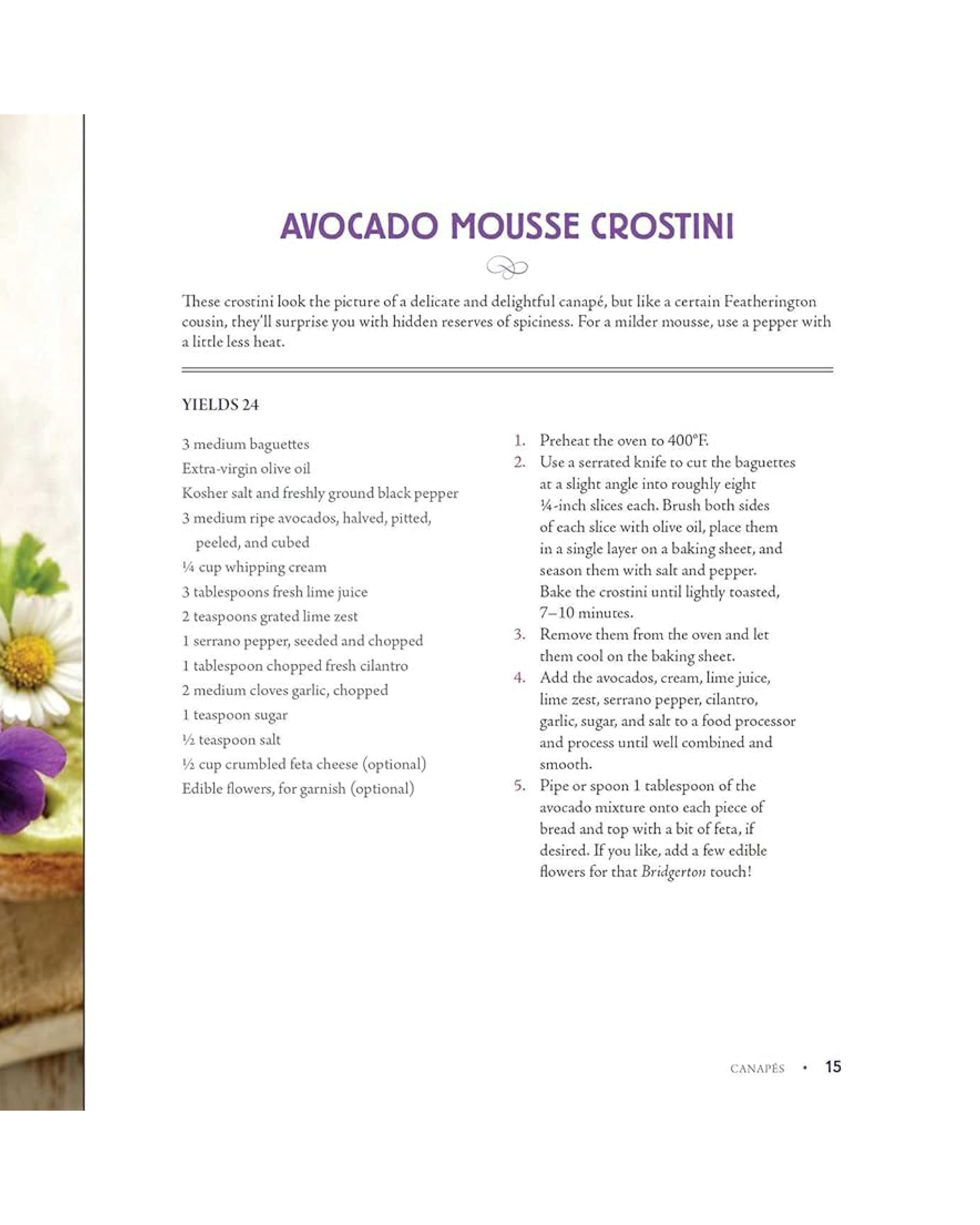 Avocado Mousse Crostini recipe card with ingredients and instructions.