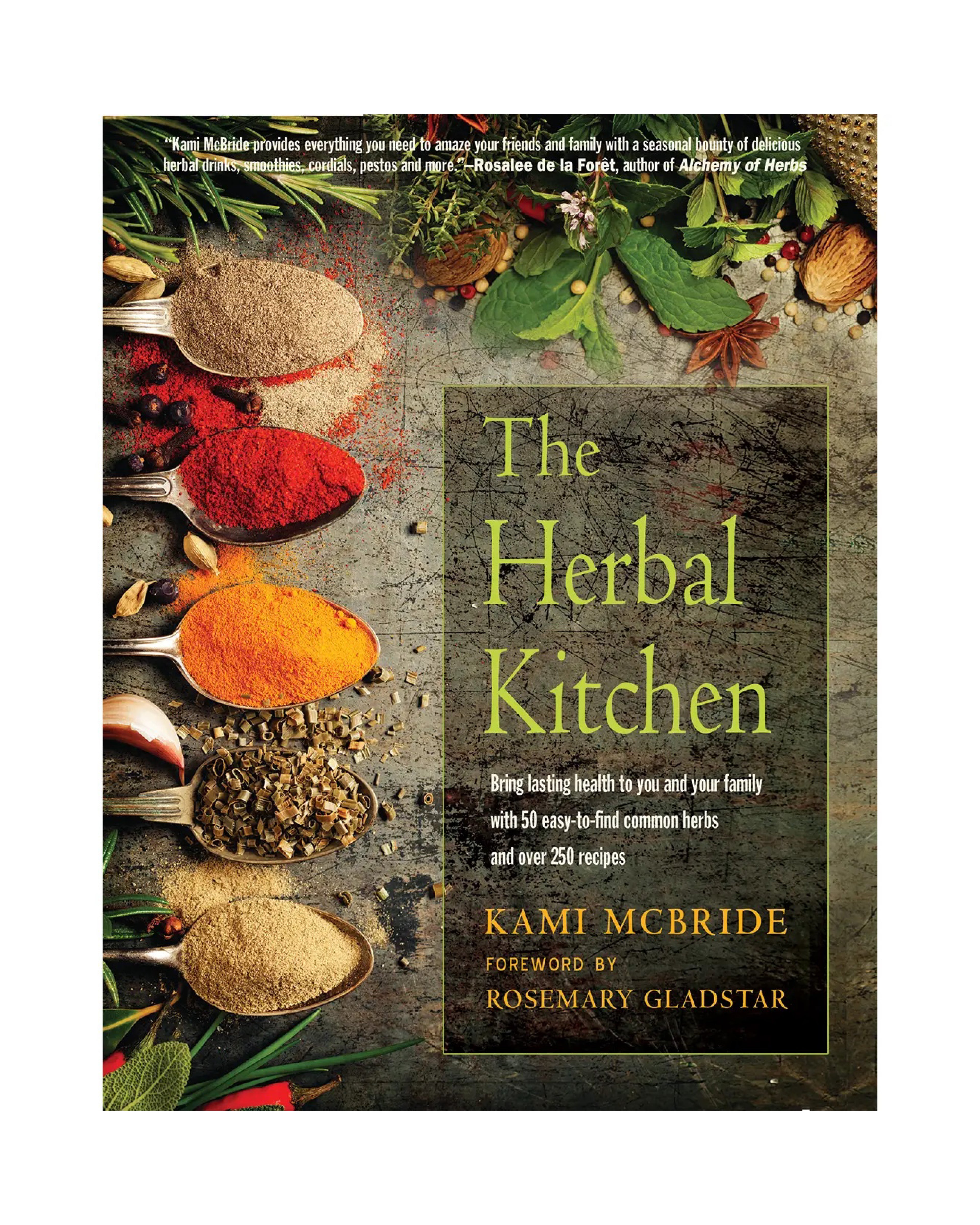 Book cover of 'The Herbal Kitchen' with spices and herbs on a rustic background