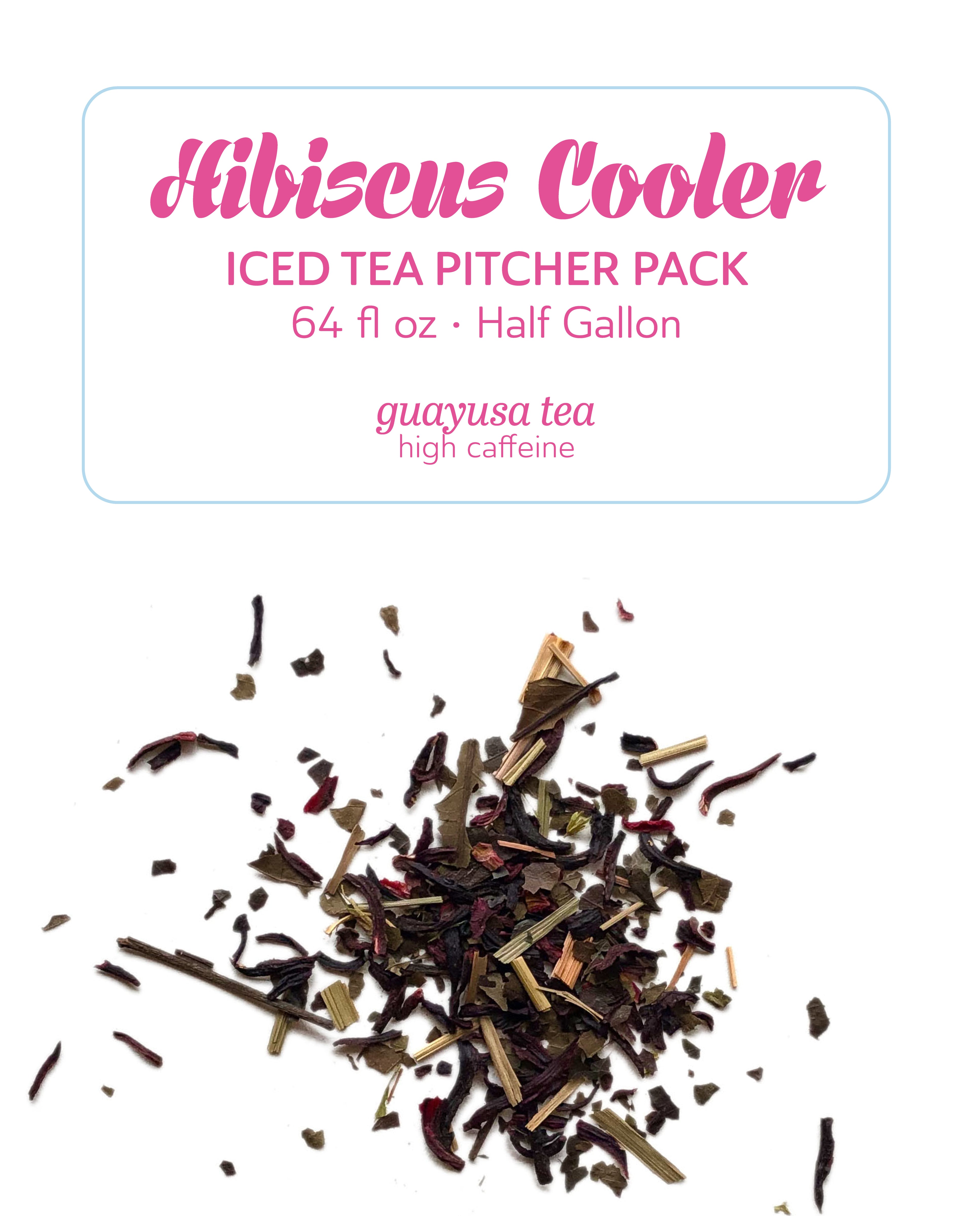 Hibiscus Cooler iced tea pitcher pack with tea leaves on a white background