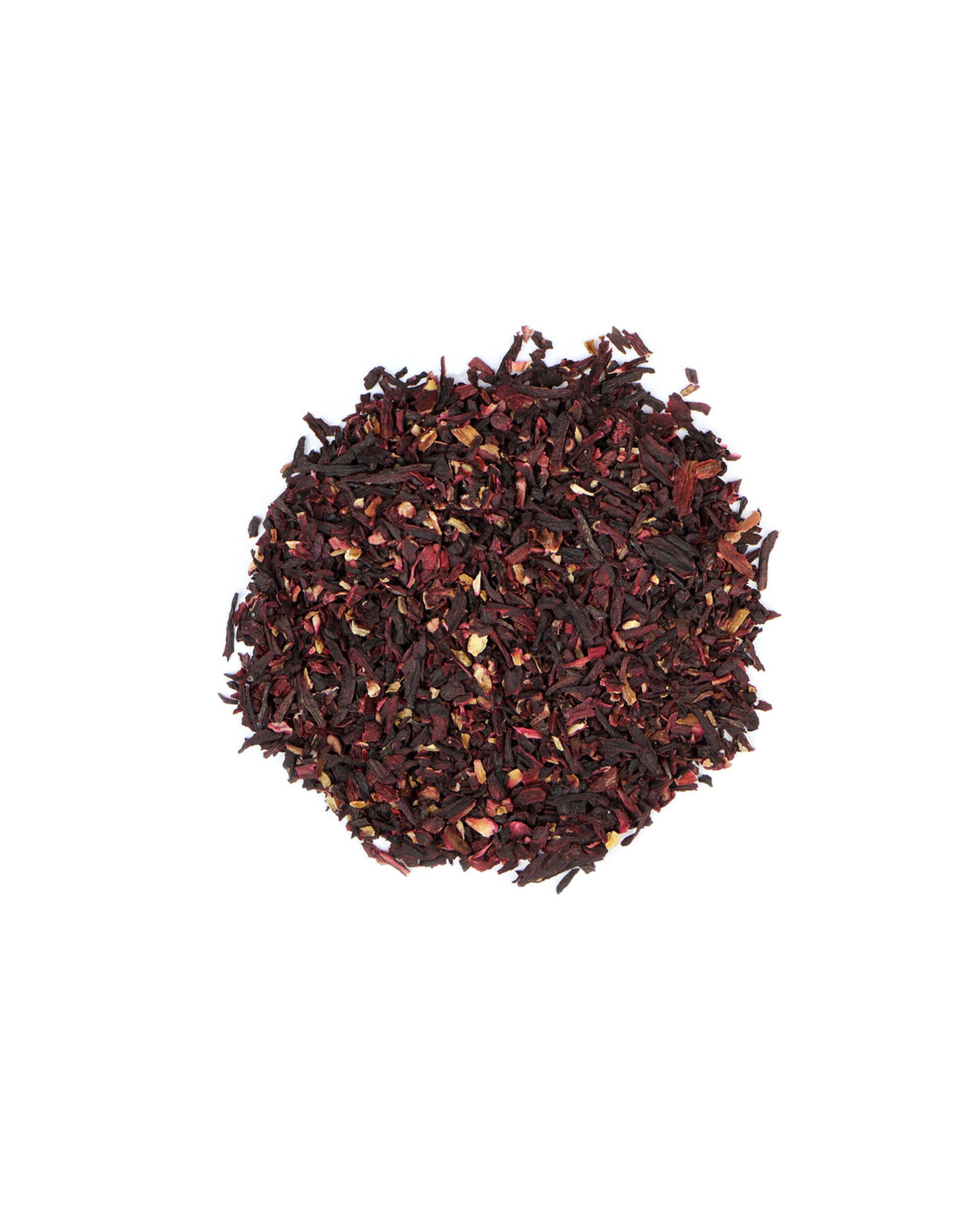 Pile of dried hibiscus petals on a white background