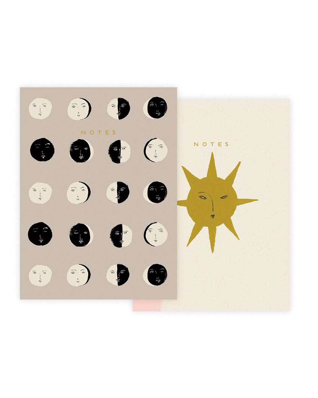 Notebook with celestial design on beige cover and sun illustration on cream cover