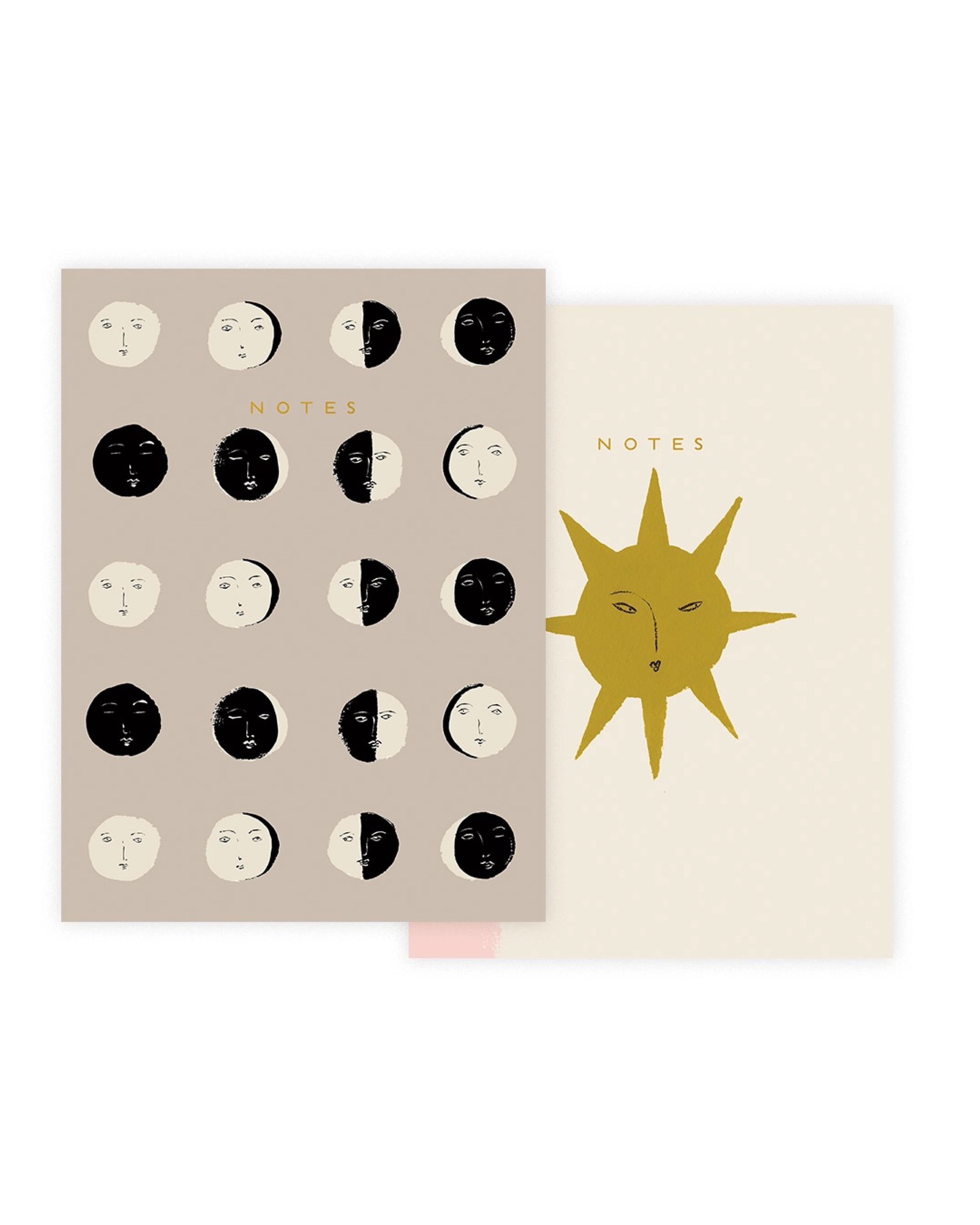 Notebook with celestial design on beige cover and sun illustration on cream cover