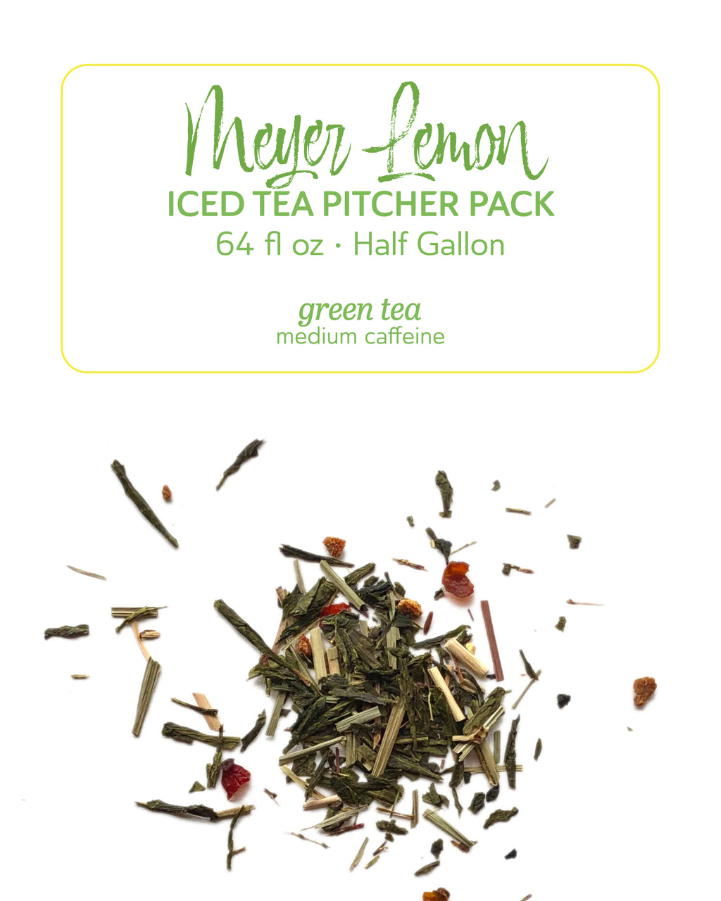 Meyer Lemon iced tea pitcher pack with green tea leaves on a white background