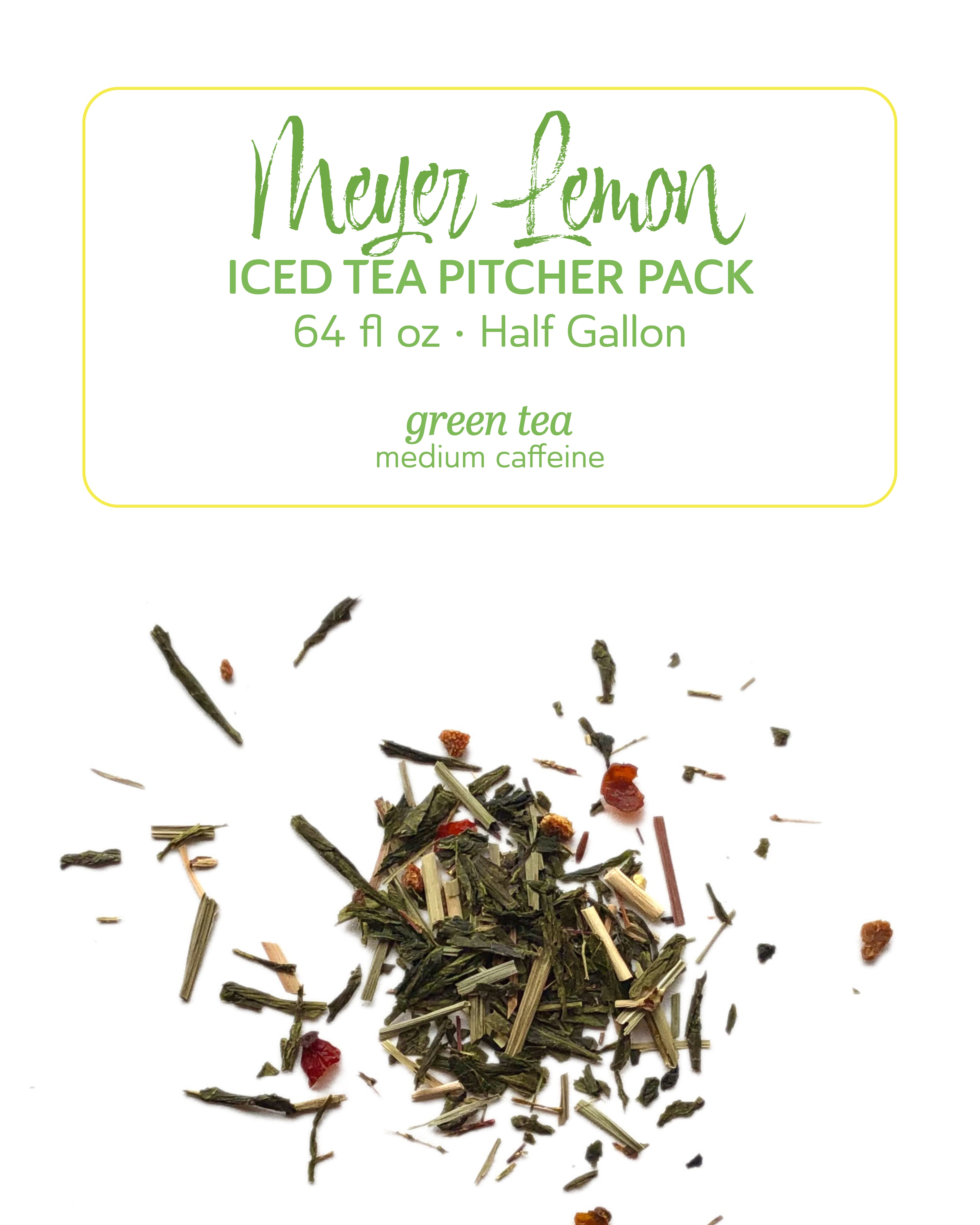 Meyer Lemon iced tea pitcher pack with green tea leaves on a white background