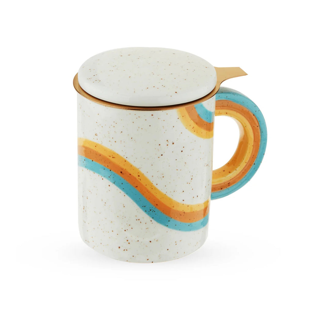 Speckled mug with colorful handle and lid on a white background