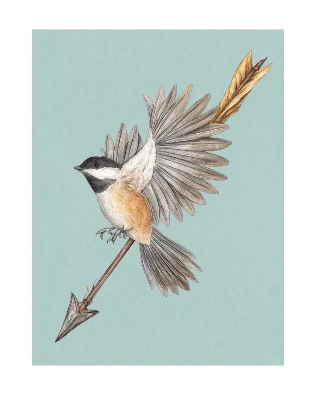 Illustration of a bird on an arrow against a light blue background