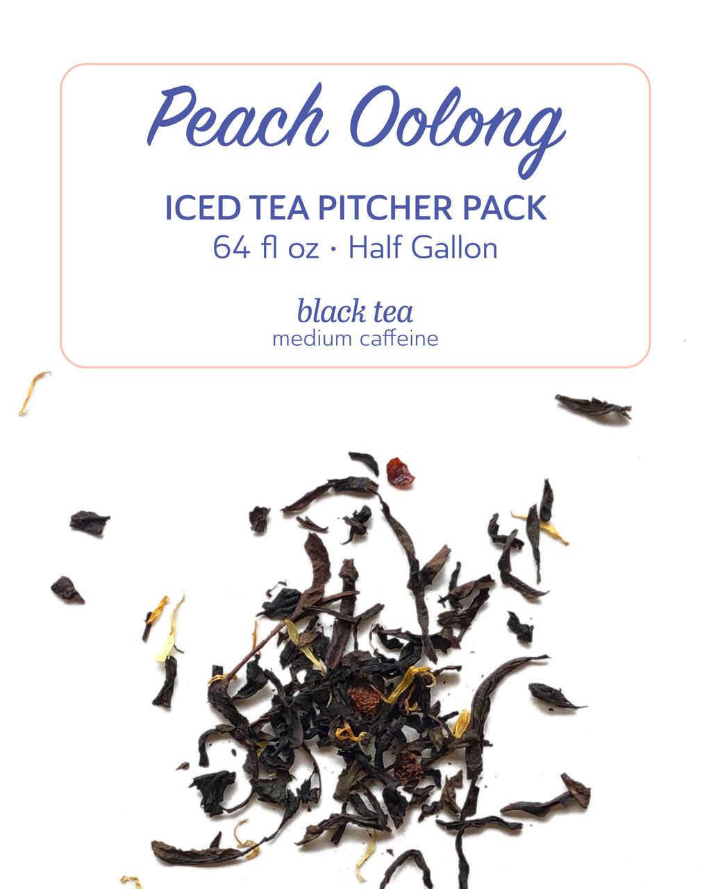 Peach Oolong iced tea pitcher pack with tea leaves on a white background