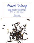 Peach Oolong iced tea pitcher pack with tea leaves on a white background
