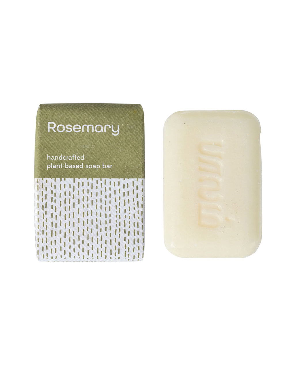 Handcrafted rosemary soap bar with packaging on a white background