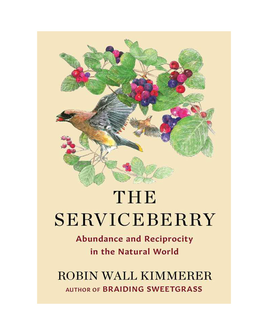 Book cover of 'The Serviceberry' with a bird and berries on a beige background