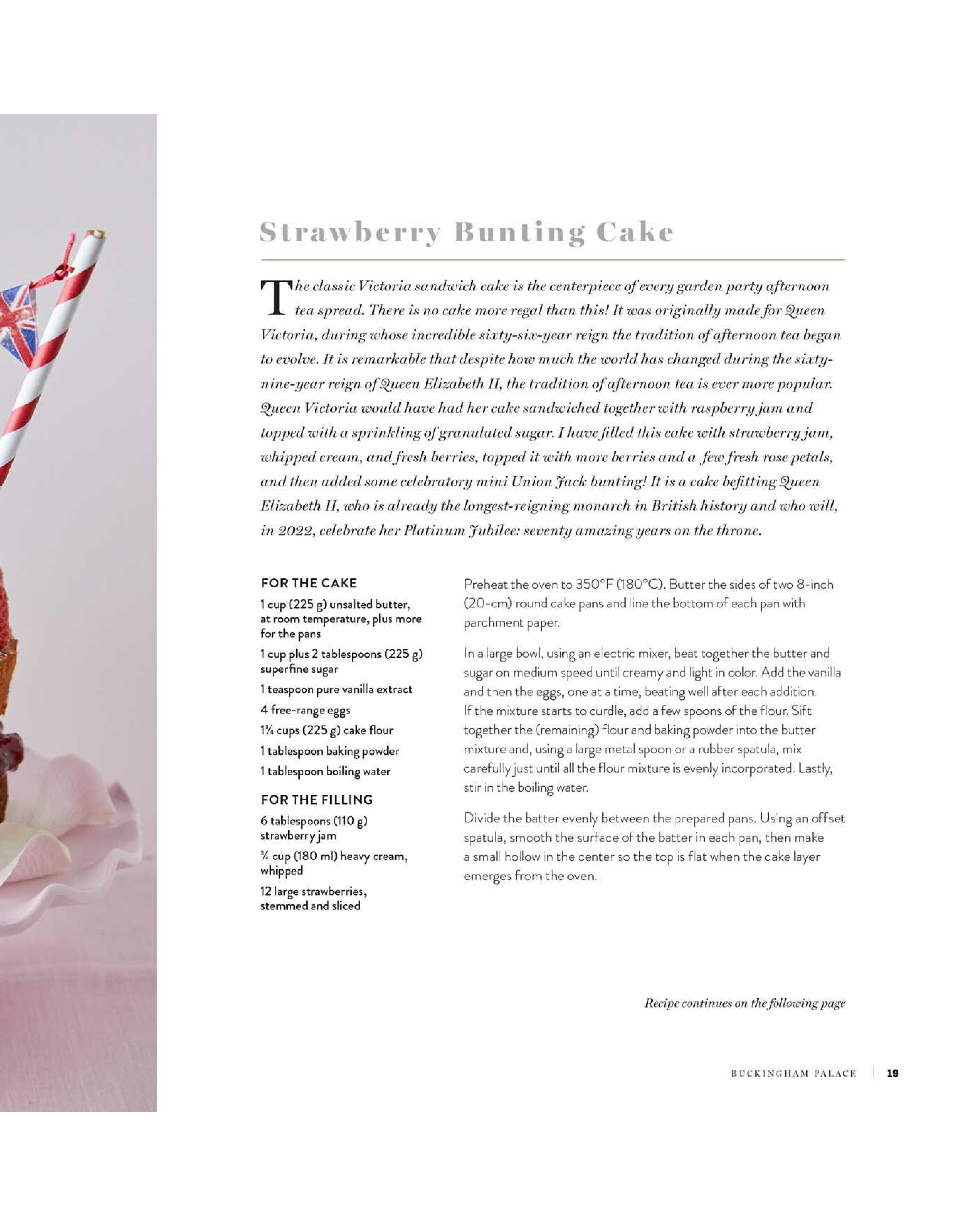 Recipe for Strawberry Bunting Cake with text and a cake image