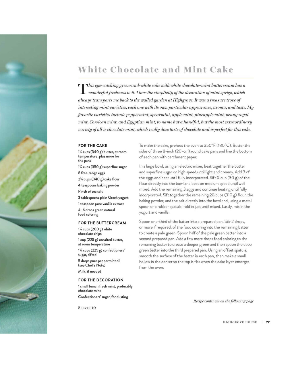 Page from a cookbook featuring a recipe for White Chocolate and Mint Cake with an image of the cake on the left.