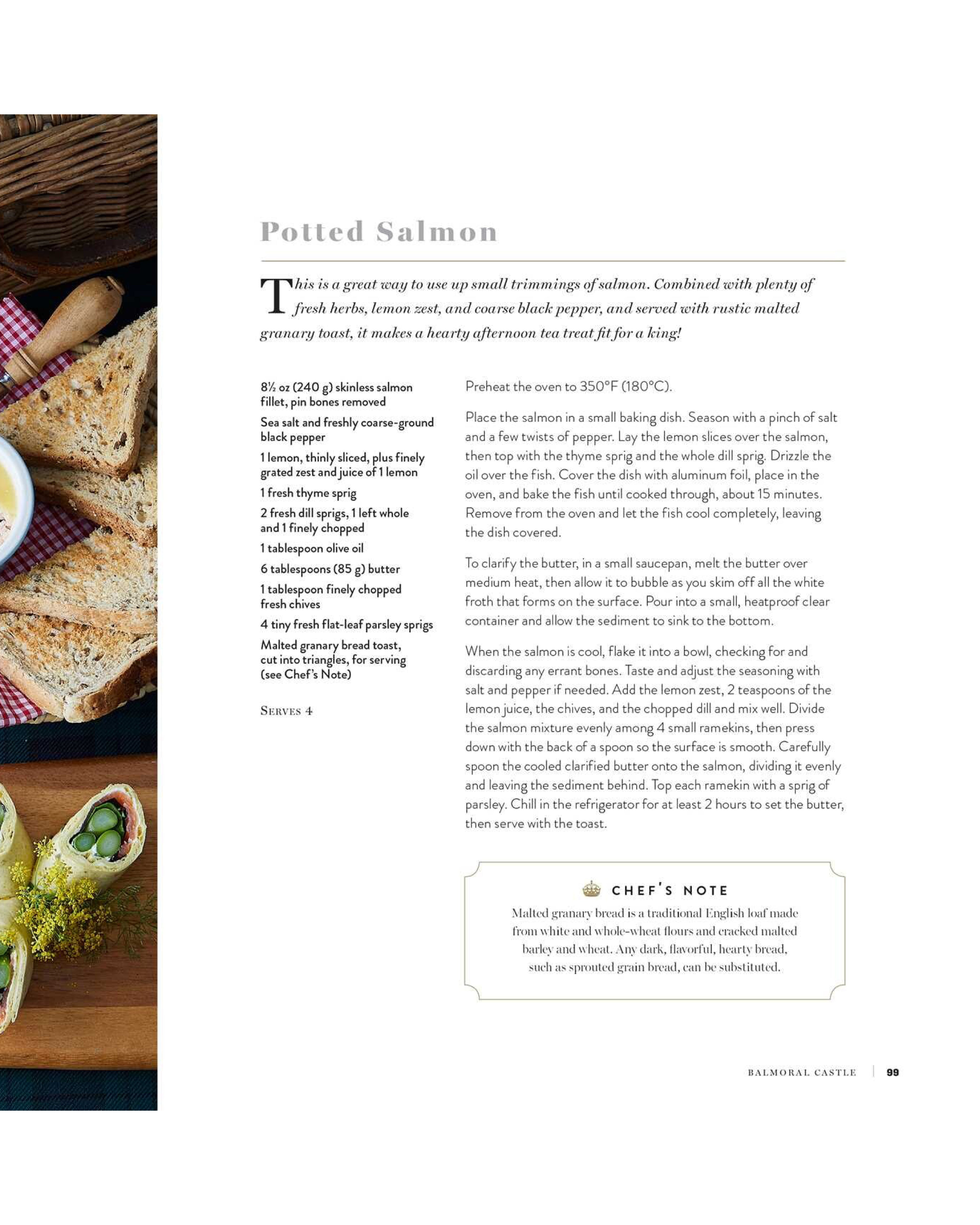 Page from a cookbook featuring a recipe for potted salmon with a side of bread and butter.