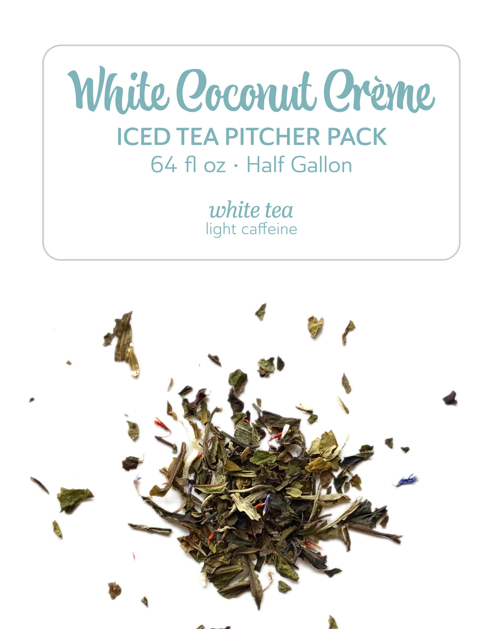 White Coconut Cèreme iced tea pitcher pack with white tea leaves on a white background