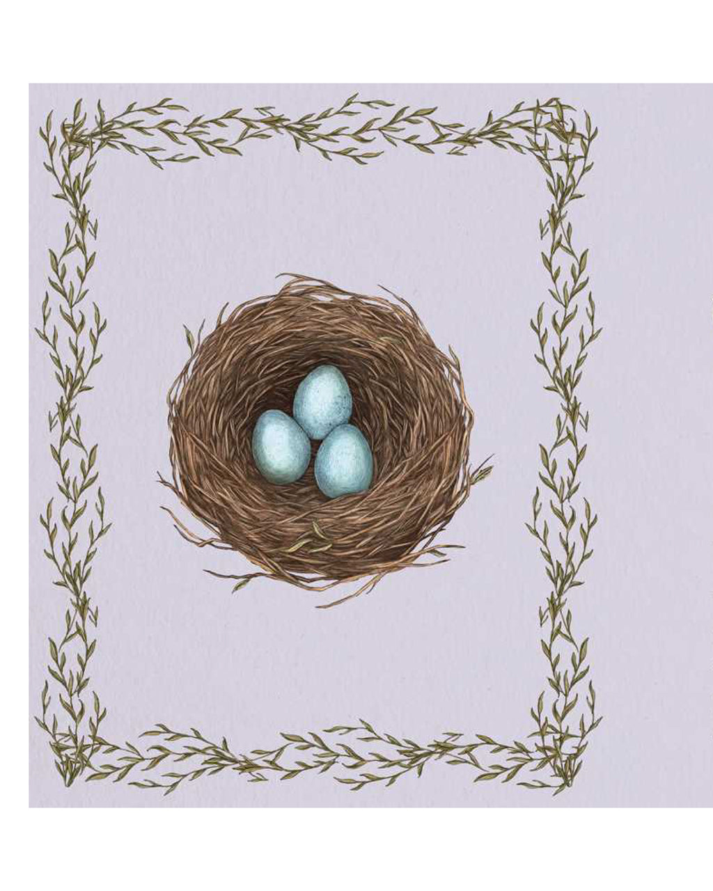Illustration of a nest with three eggs framed by decorative leaves on a light purple background