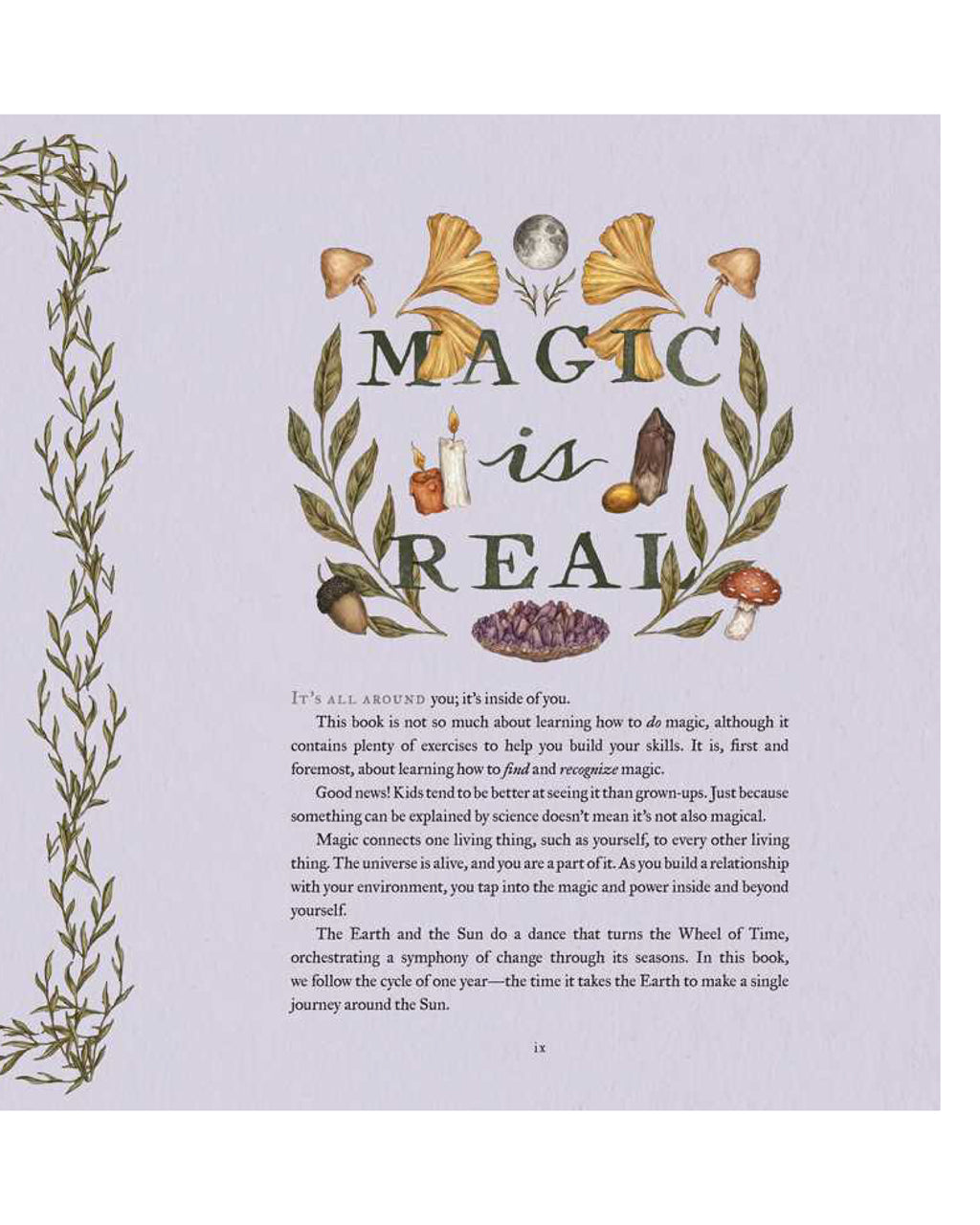 Book page with 'Magic is Real' text and illustrations on a light purple background