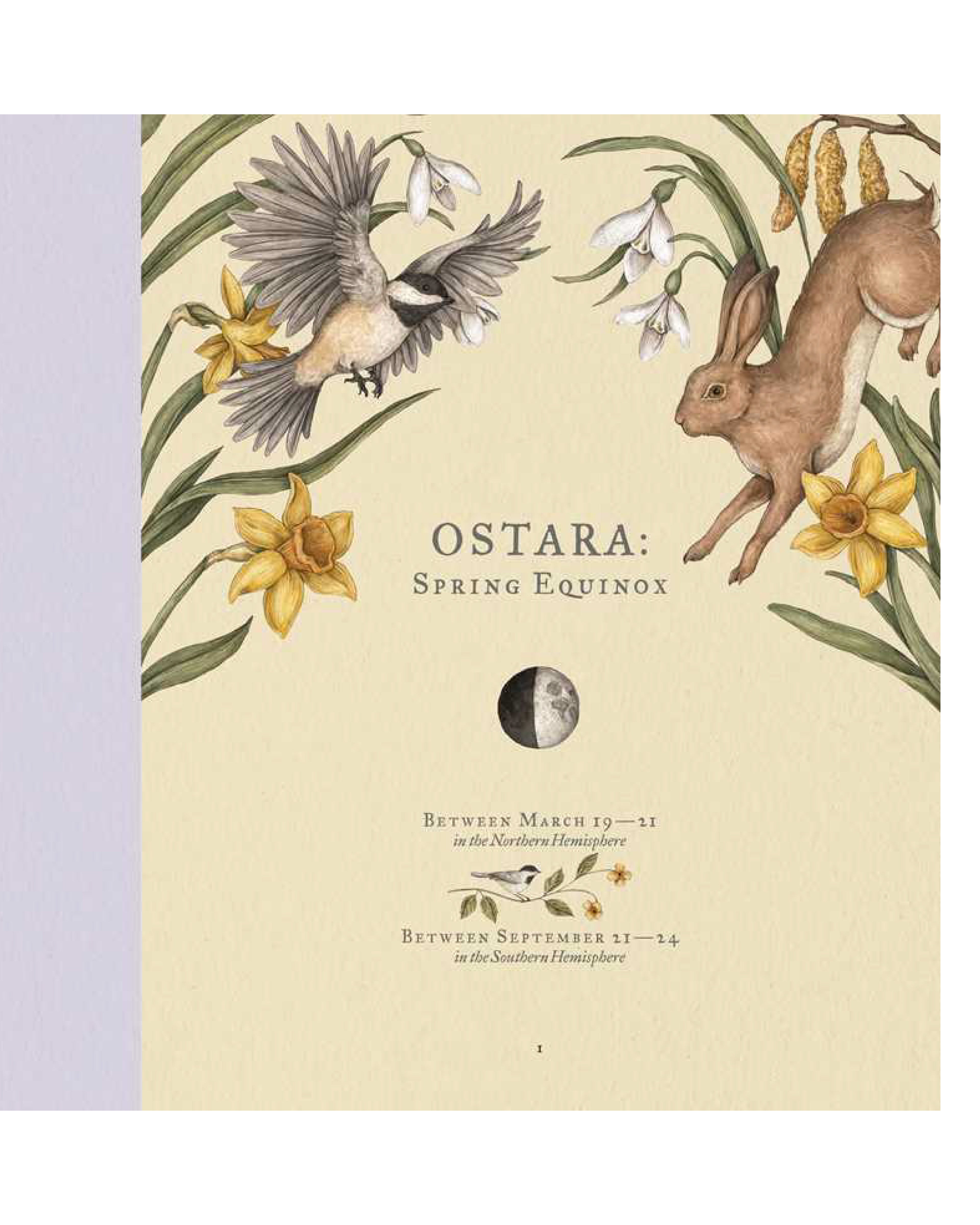 Decorative card for Ostara, Spring Equinox with nature elements and text.