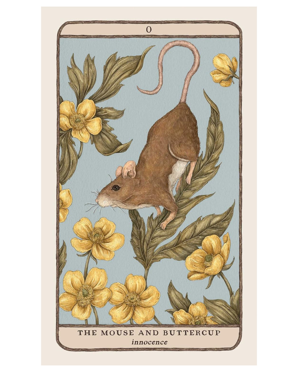 Illustration of a mouse and buttercup flowers on a card with decorative border.