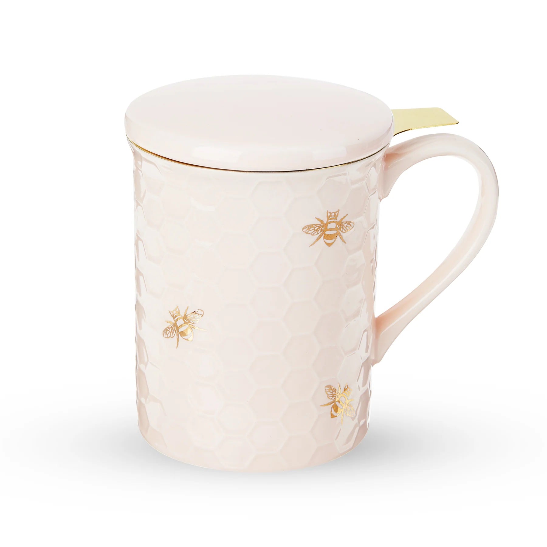 Pink mug with gold bee designs on a white background